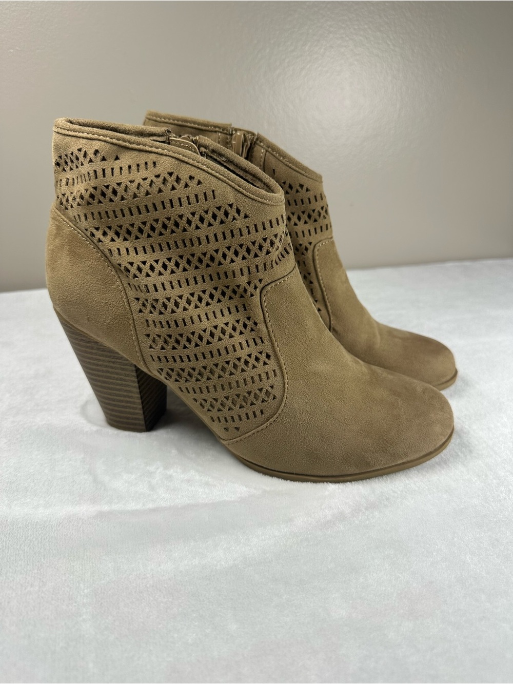 Women's Taupe Suede Cutout Ankle Booties - Stylish Block Heel